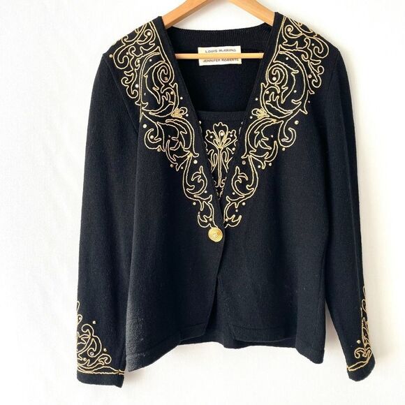 vintage louis marino for jennifer roberts rare gold embroidery cardigan size 8 - Picture 1 of 8